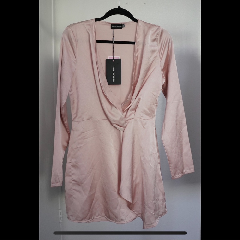 PrettyLittleThing Soft Pink Satin Long Sleeve Mini Dress
